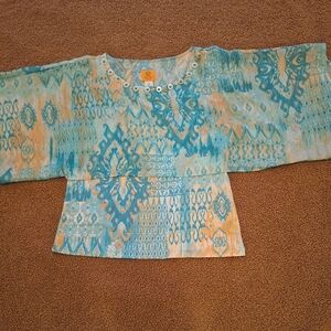 Ruby Red Blue & Peach Patterned Boho Blouse